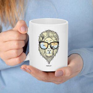 White Ceramic Mug with Lion Wearing Sunglasses Graphic